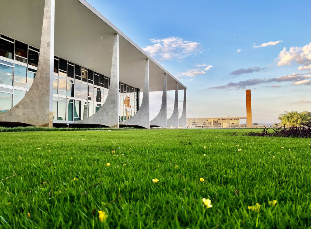 Foto em formato paisagem da grama verde e com flores amarela, ao lado esquerdo prédio do STF e ao lado direito o Palácio da Justiça