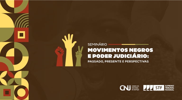 Banner do seminário: fundo marrom, com desenhos de inspiração africana à esquerda e, no centro, uma mão vermelha fechada, uma amarela espalmada e uma verde fazendo o