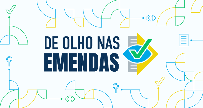 Imagem gráfica com fundo claro e elementos geométricos coloridos em azul, verde e amarelo. No centro, aparece o texto “DE OLHO NAS EMENDAS”, ao lado de um ícone de olho estilizado com um sinal de verificação dentro, sobreposto a uma folha de documento. O conjunto remete à ideia de monitoramento, fiscalização e acompanhamento de informações