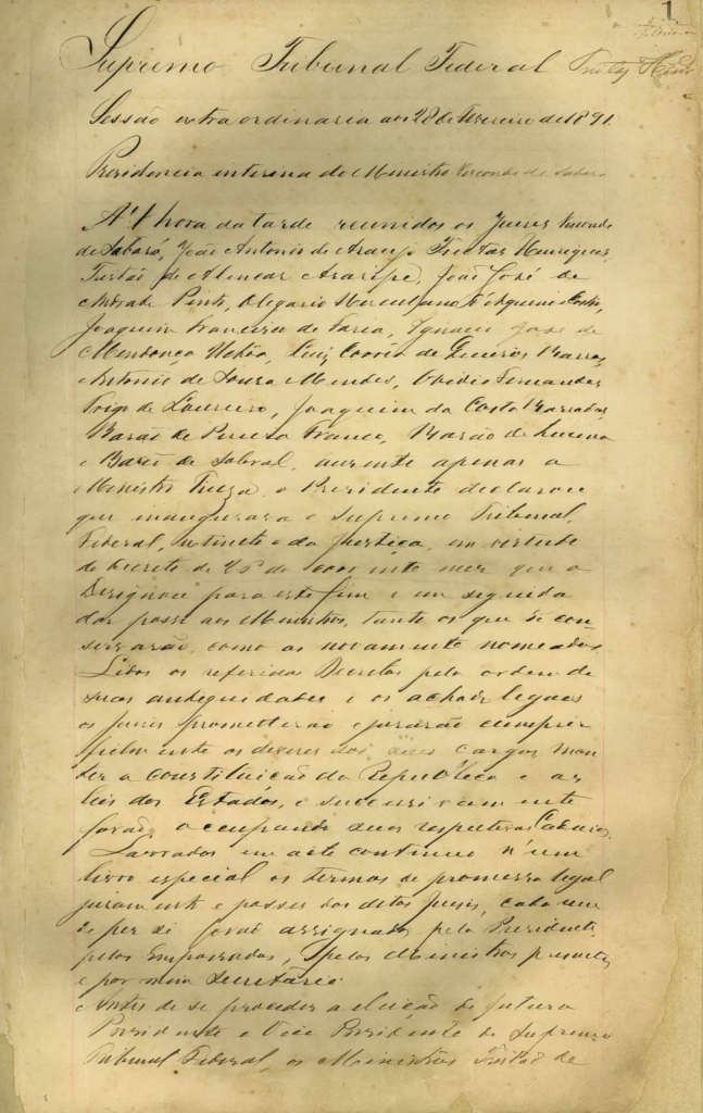 Imagem da primeira página da ata da sessão de instalação do STF 