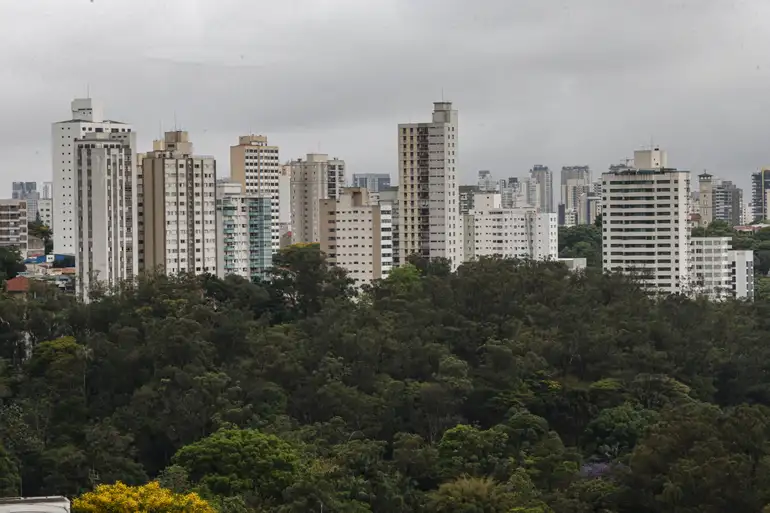 Vista de prédios na cidade de São Paulo com área verde no primeiro plano