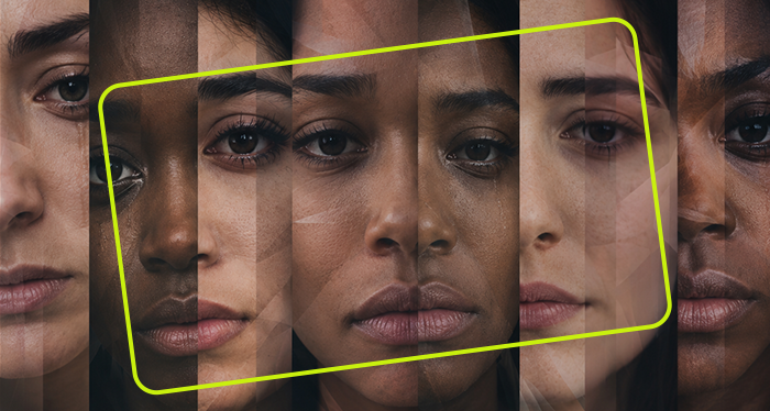 Montagem com cinco rostos de mulheres de diferentes tons de pele e traços, parcialmente sobrepostos por faixas verticais translúcidas. Um contorno verde destaca a região central da imagem
